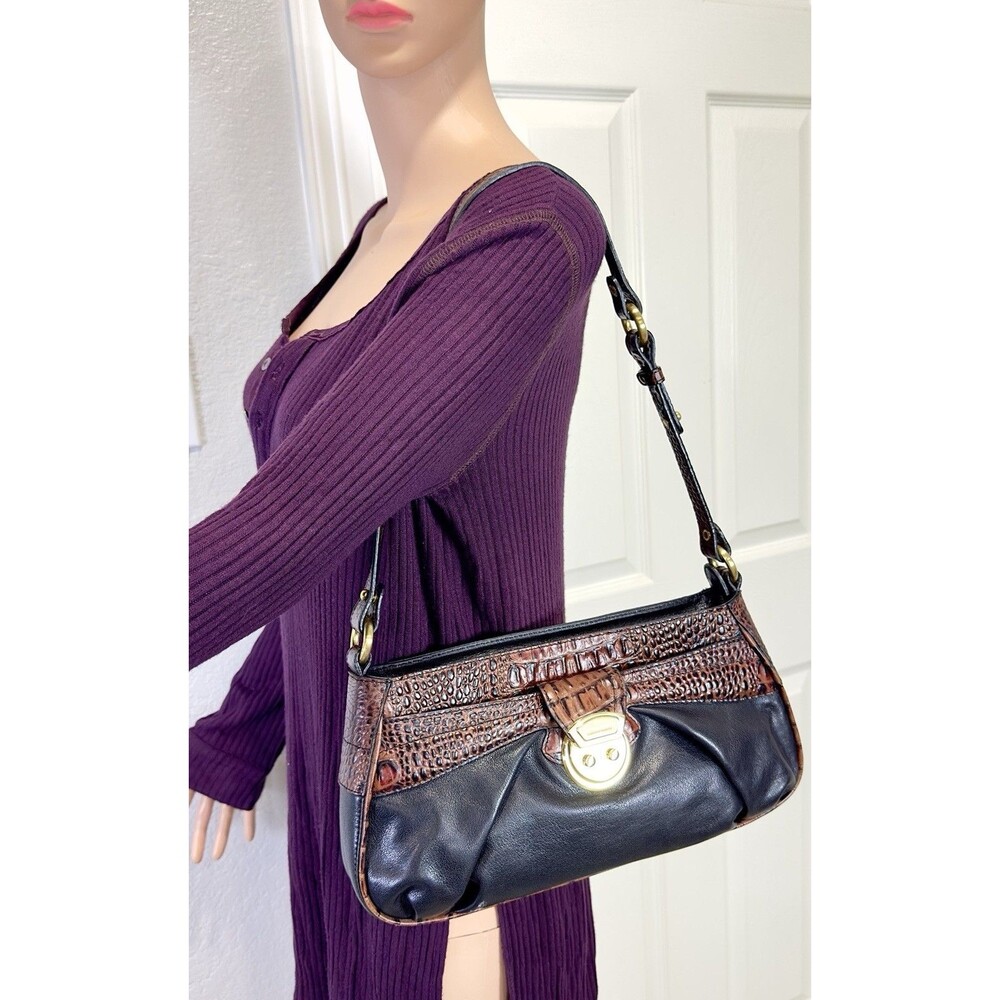 Vintage Brahmin Baguette Shoulder Bag Black Brown Croc Embossed Leather Y2K